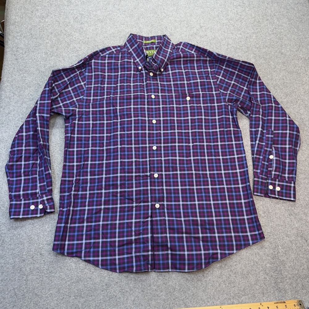 Orvis Button Down Shirt Men's Large Purple Blue Plaid Long Sleeve 100% Cotton
